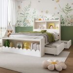 Lit simple pour enfant 90 x 190 cm avec 1 �tag�re de rangement 2 tiroirs et 3 compartiments de rangement ...