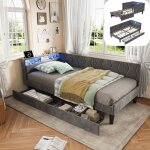 Lit simple enfant 90 x 200 cm - ravas - �clairage led et port usb - 2 tiroirs - convertible en canap� ...