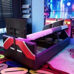 Lit simple gaming 90x200 cm avec led rangement hydraulique et support tv rembourr� pu noir (sans matelas) ...