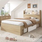 Lit simple - merax - 90x190 - blanc et ch�ne - 2 tiroirs & t�te de lit �tag�res - sommier � lattes inclus ...