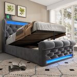 Lit simple rembourr� 90x200 cm avec �clairage led - ports usb et type c - levier hydraulique - sommier ...