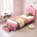 Lit simple rembourr� 90x200cm lit enfant pour fille avec 1 tiroirs et led cadre de lit avec sommier � ...