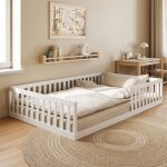 Lit au sol 120x200 cm avec protection anti - chute et sommier - lit montessori - lit simple - blanc - ...