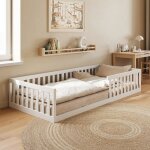 Lit au sol 90x200 cm avec protection anti - chute et sommier - lit montessori - lit simple - blanc - ...