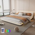 Lit au sol avec �clairage led - 160x200 cm - blanc - pu - lumi�re ambiante led - t�l�commande 24 touches ...