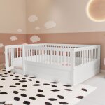 Lit au sol enfant 140 x 200 cm lit montessori avec barri�re de s�curit� et porte lit en bois de pin blanc ...