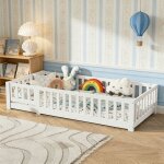 Lit au sol enfant 90x200 cm avec barri�re de s�curit� lit montessori en pin massif sommier � lattes blanc ...
