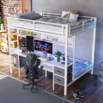 Lit superpos� 140x200 - lit adulte avec bureau tiroirs et �tag�res grille suspendue led port usb cadre ...