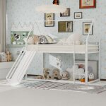 Lit superpos� 90x190 cm lit enfant avec toboggan et �chelle design cabane cadre fer blanc sans matelas ...