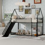 Lit superpos� 90x190 cm lit enfant avec toboggan et �chelle design cabane cadre fer noir sans matelas ...