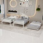 Lit superpos� 90x190 cm avec lit gigogne convertible en 3 lits cadre fer blanc sans matelas