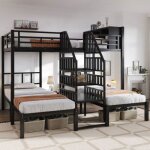 Lit superpos� 90x200&140x200cm rangement 3 couchages m�tal noir escalier s�curis�