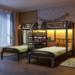 Lit superpos� 90x200 3 couchages bandeau led �chelle rangement 2 ports usb 1 prise bureau �tag�re noir ...