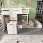 Lit superpos� 90x200 cm blanc avec bureau escamotable armoire tiroirs �tag�res et �chelle (sans matelas) ...