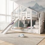 Lit superpos� 90x200 cm cabane avec toboggan rangements et protection antichute bois mdf blanc sans matelas ...