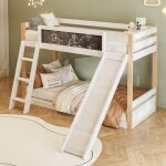 Lit superpos� 90x200 cm lit enfant avec barri�res toboggan et escalier bois blanc sans matelas