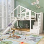 Lit superpos� 90x200 avec fen�tre et tobogganlit cabane enfants avec antichute et 2 sommiers � lattes ...