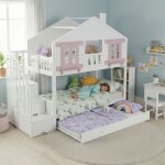 Lit superpos� 90x200 avec lit gigognelit enfant avec de jolies fen�tres et un toit blanc et rose(sans ...