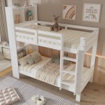 Lit superpos� 90x200 avec rangements �tag�res bois blanc pour enfants (sans matelas)