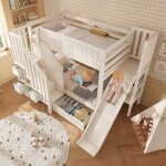 Lit superpos� 90x200 avec toboggan et armoire �chelle lit enfant avec tiroirs et � lattes et �tag�re ...