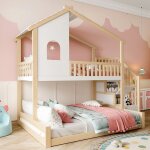 Lit superpos� 90x200cm + 140x200cm barri�re de lit �chelle de rangement fen�tre moulure de maison naturel ...