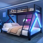 Lit superpos� 90x200cm + 140x200cm - cadre en fer lit enfant - avec bandeau lumineux ledbarri�re de s�curit� ...