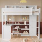 Lit superpos 90x200cm avec table et armoire lit enfant filet anti - chute tagres et quatre marches ...