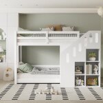 Lit superpos� 90 x 200 cm blanc en bois massif et mdf ? 2 couchages escalier rangement sommier inclus ...