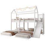 Lit superpos� 90x200cm - toboggan - toit design - rangement - pin / mdf - 3 couchages - blanc (sans matelas) ...