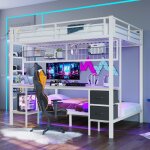 Lit superpos� adulte 90 / 140x200 cm en m�tal blanc lit enfant 2 places avec bureau rangements led 7 ...