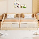 Lit superpos� bas 90x200 cm pin naturel 2 lits enfants avec barri�re s�curit� sommier lattes style minimaliste ...