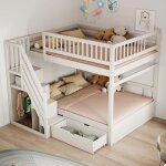 Lit superpos� blanc en bois massif avec escalier de rangement et tiroirs
