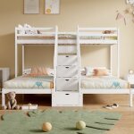 Lit superpos� en bois de pin - 90x200 cm - 3 lits - �chelle escamotable avec tiroirs - garde - corps ...