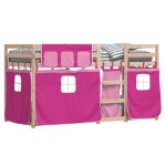 Lit superpos� en bois de pin - kalisse - 90x190 cm - bois de pin massif - rose - rideaux inclus