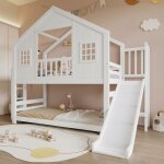 Lit superpos� cabane 90x200cm blanc - lit enfant bois avec toboggan toit et fen�tre lit double s�curis� ...