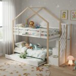 Lit superpos� cabane extensible 90x200 / 90x190 cm ? escalier 3 tiroirs sommier � lattes blanc et naturel ...