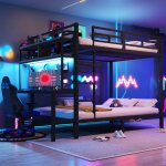 Lit superpos� enfant 140�200 cm lit double en m�tal avec bureau �tag�res �clairage led ports usb et sommier ...