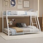 Lit superpos� enfant 2 places 90 / 140x190 cm en m�tal blanc avec �chelle et garde - corps int�gral 2 ...