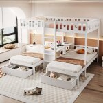 Lit superpos� enfant 3 places en bois 90 / 140x200cm lit triple lit ado lit adulte avec 2 tiroirs 4 compartime ...