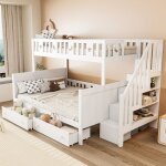 Lit superpos� enfant 90 / 140x200 cm en bois avec �chelle de rangement 2 tiroirs coulissants 2 sommiers ...