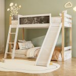 Lit superpos� enfant 90�190 / 200 cm 2 places avec tobogganantichute en bois sans matelas blanc
