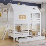 Lit superpos� enfant 90 �200 cm lit cabane en bois avec 2 tiroirs de rangement fen�tre toit et sommier ...
