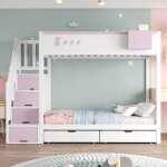 Lit superpos� enfant 90 x 200 cm avec 2 tiroirs et escalier de rangement et sommier �tag�re de rangement ...