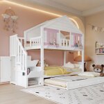Lit superpos� enfant 90 x 200 cm blanc et rose avec rangements escaliers et lit gigogne