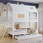 Lit superpos� enfants 90 x 200 cm - forme maison - sommier � lattes - avec �chelle - avec 2 tiroirs - ...