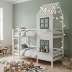 Lit superpos� enfant 90 x 200 cm lit simple lit cabane avec fen�tre et barri�re de s�curit� - blanc et ...