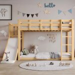 Lit superpos� enfants 90 x 200 cm - avec toboggan et barri�re de s�curit� - bois de pin - couleur naturelle ...