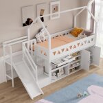 Lit superpos� enfant 90 x 200 - avec escalier - lit superpose avec toboggan - avec tiroirs et casiers ...