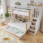 Lit superpos� enfant 90x200 + 120x200 en pin blanc / naturel avec escalier dangle et barri�re - sans ...