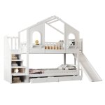 Lit superpos� enfant 90x200 - cabane avec toboggan - �chelle de rangement - tiroirs int�gr�s - blanc